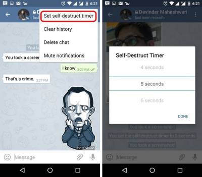Настройка таймера самоуничтожения для диалога в Telegram